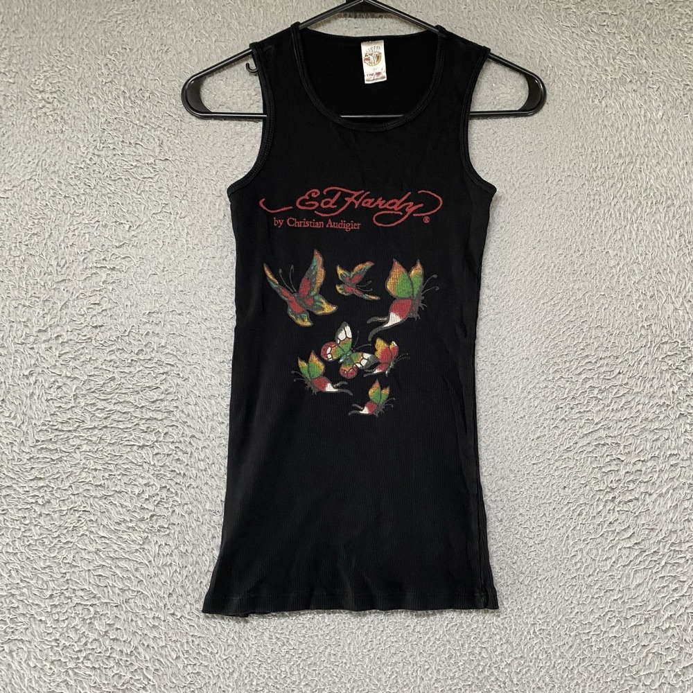 Ed Hardy Y2K Tank Top Womens XS S M Black Butterfly Tattoo Graphic Ribbed Knit